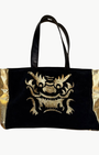MAHJONG GAMER TOTE IN BLACK SUEDE/ GOLD LEATHER WITH TEXTURED SIDES by Lynn Tallerico - Romi Boutique
