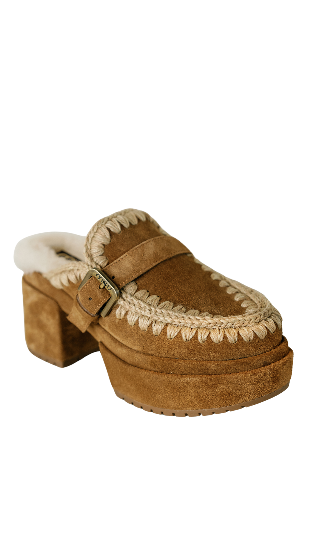 PLATFORM CLOG WITH BUCKLE STRAP IN COGNAC by Mou - Romi Boutique