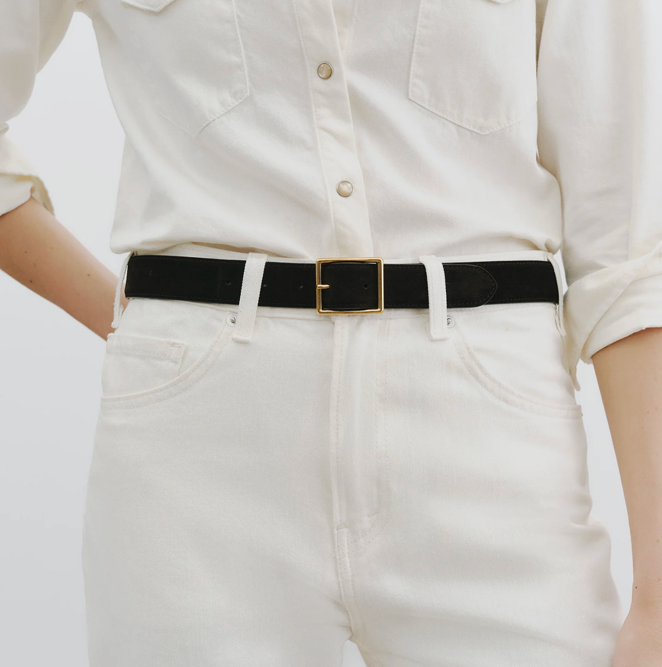 GABRIELE BELT IN BLACK SUEDE WITH ANTIQUE GOLD BUCKLE - Romi Boutique