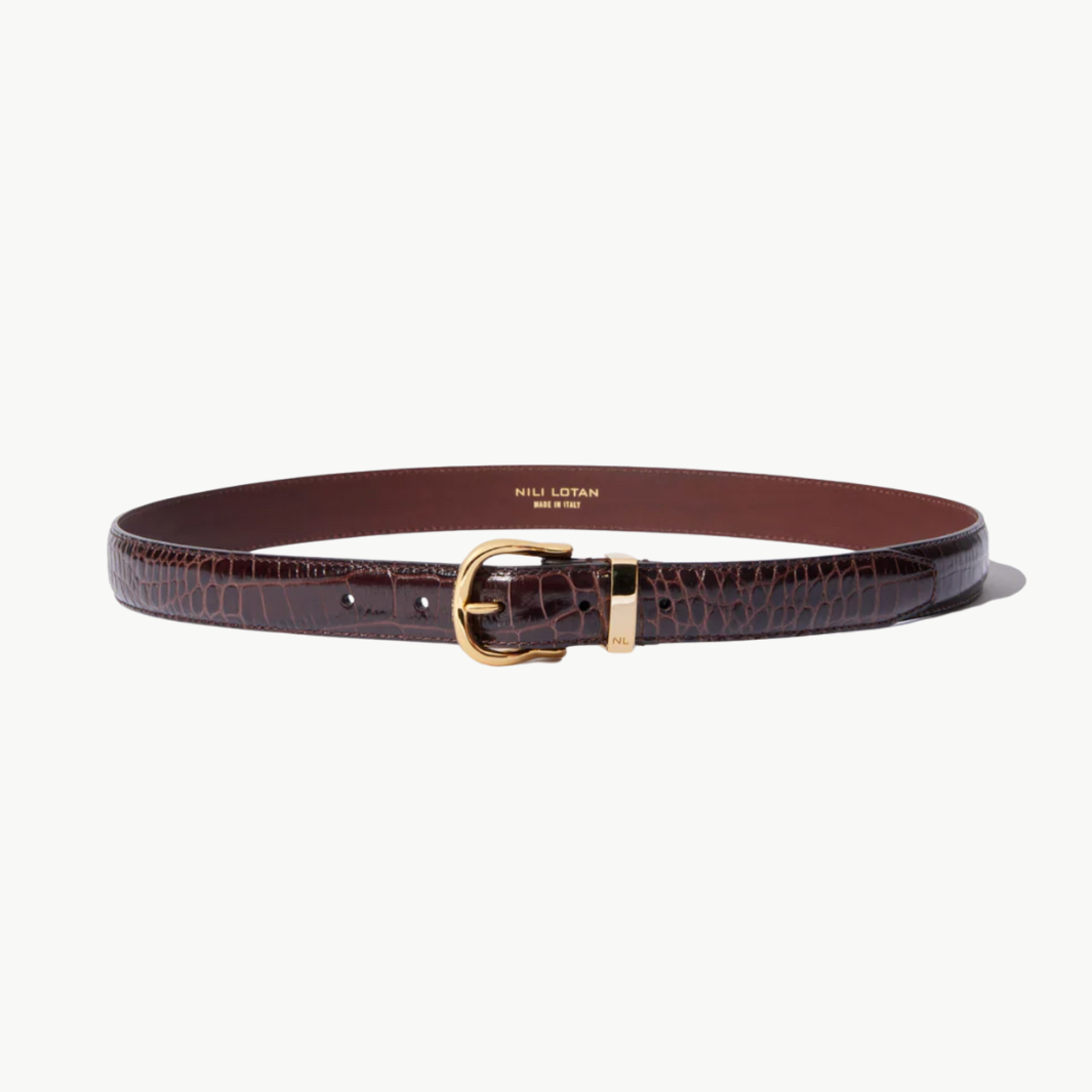 LOUISE BELT IN DARK BROWN CROC W/ BRASS BUCKLE by Nili Lotan - Romi Boutique