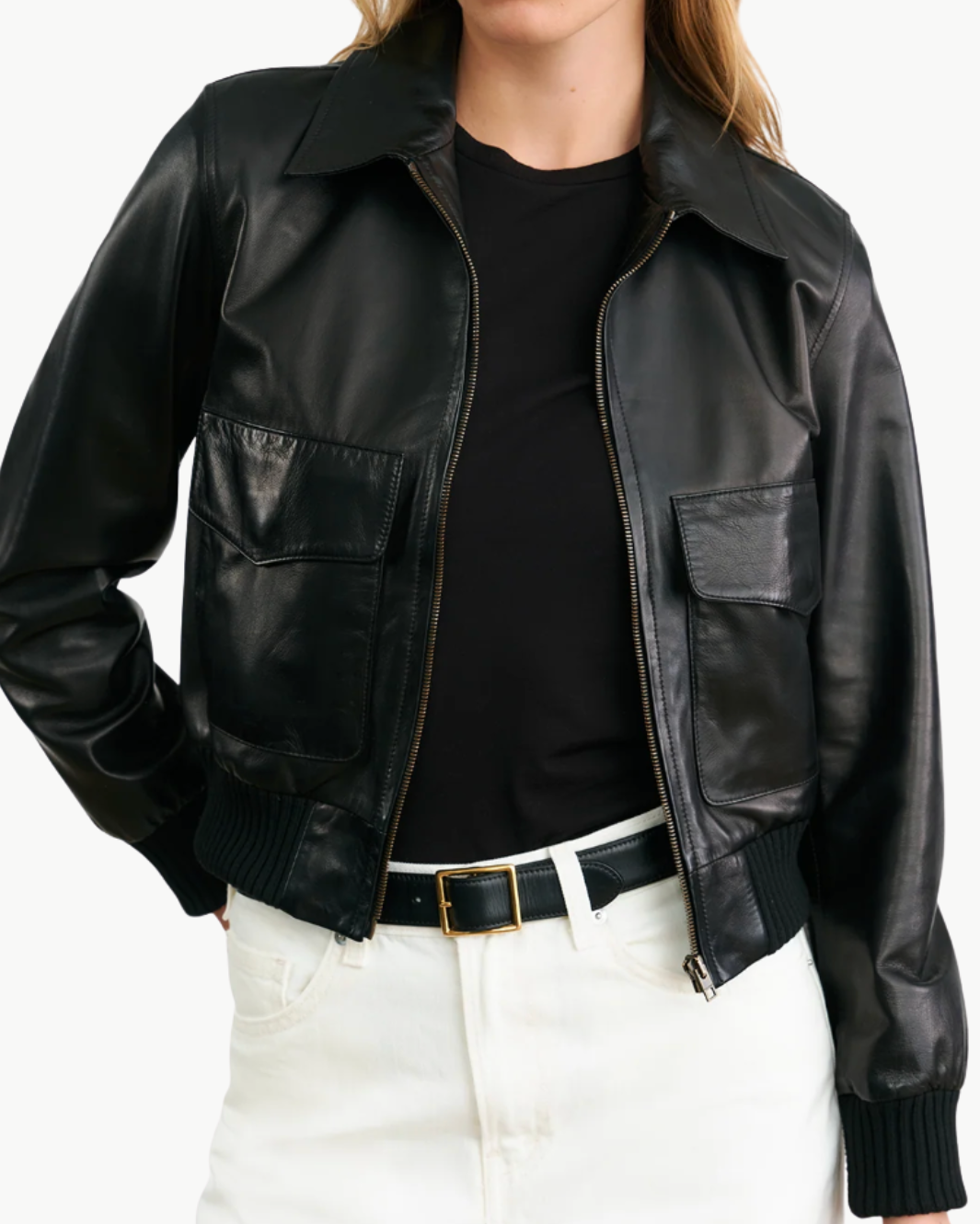 REDLEY LEATHER BOMBER JACKET IN BLACK - Romi Boutique