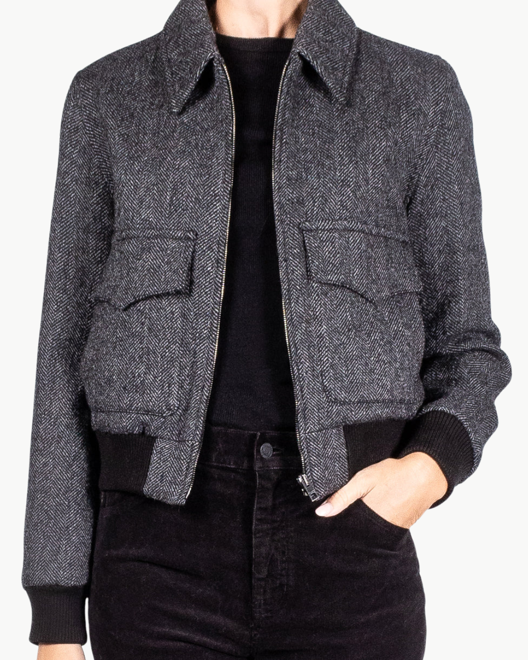 REDLEY BOMBER JACKET IN CHARCOAL HERRINGBONE - Romi Boutique