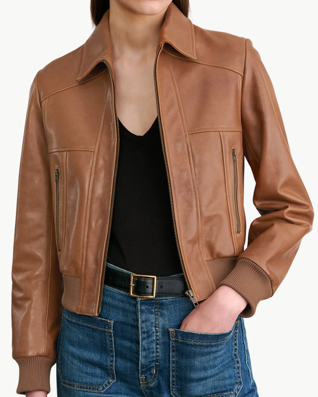 SUE LEATHER BOMBER JACKET IN COGNAC - Romi Boutique
