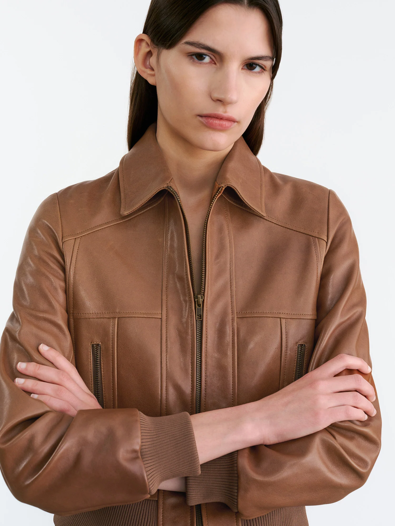 SUE LEATHER BOMBER JACKET IN COGNAC - Romi Boutique