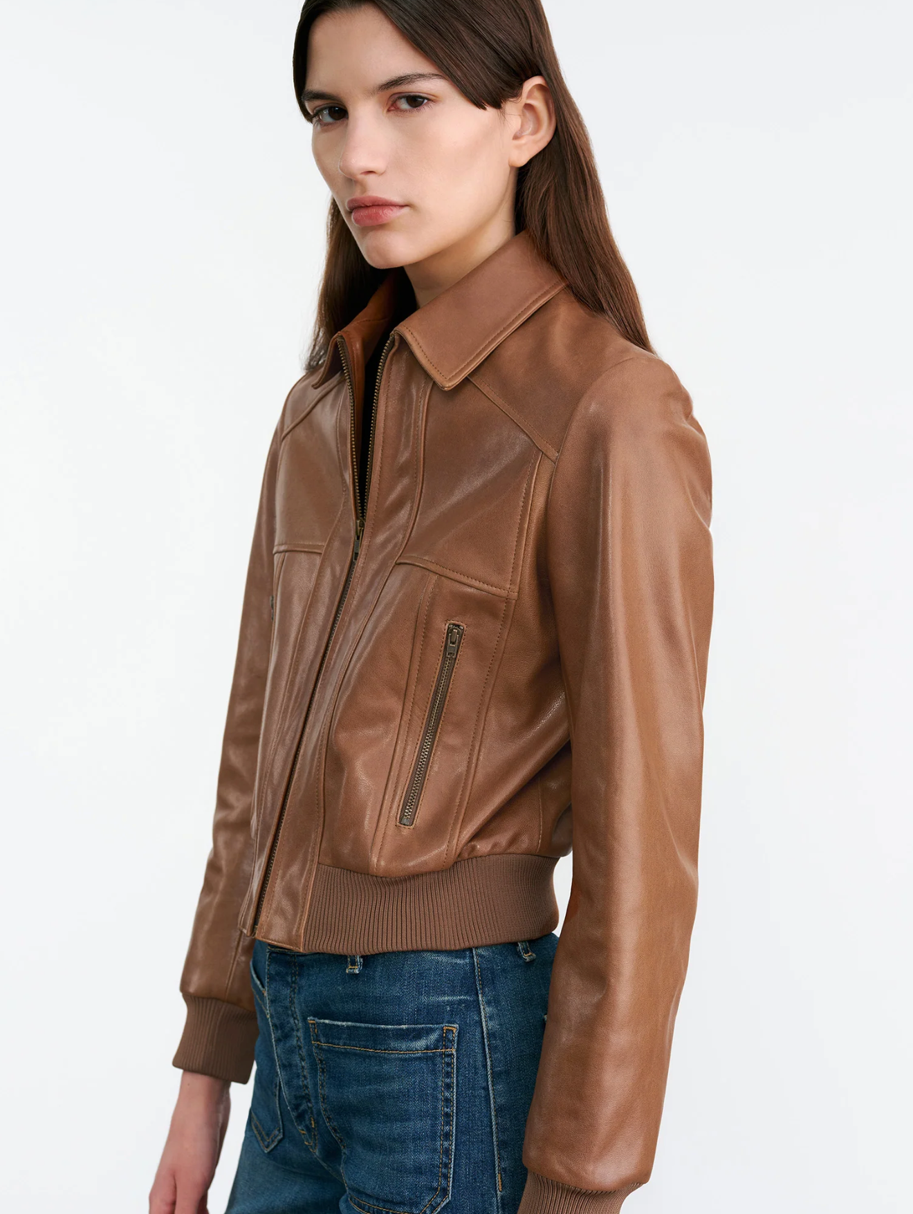 SUE LEATHER BOMBER JACKET IN COGNAC - Romi Boutique