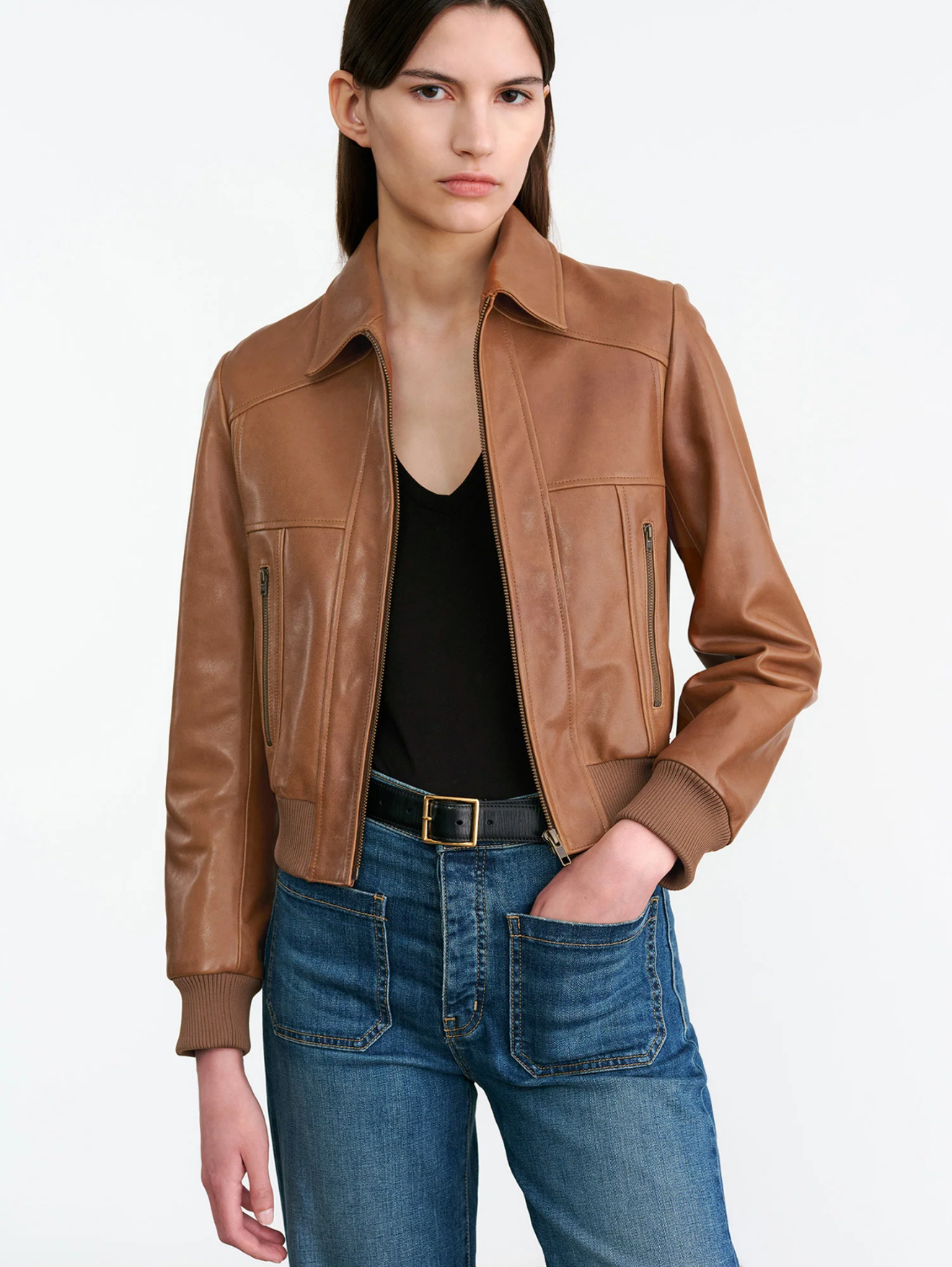 SUE LEATHER BOMBER JACKET IN COGNAC - Romi Boutique
