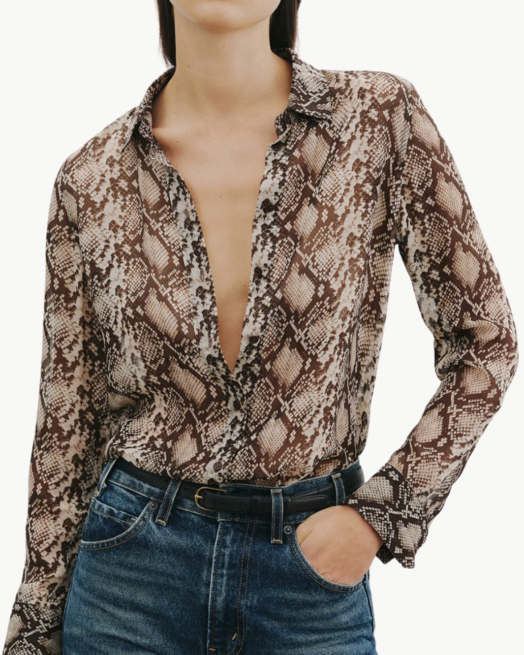 GAIA SLIM SHIRT IN STONE/BROWN SNAKE PRINT - Romi Boutique