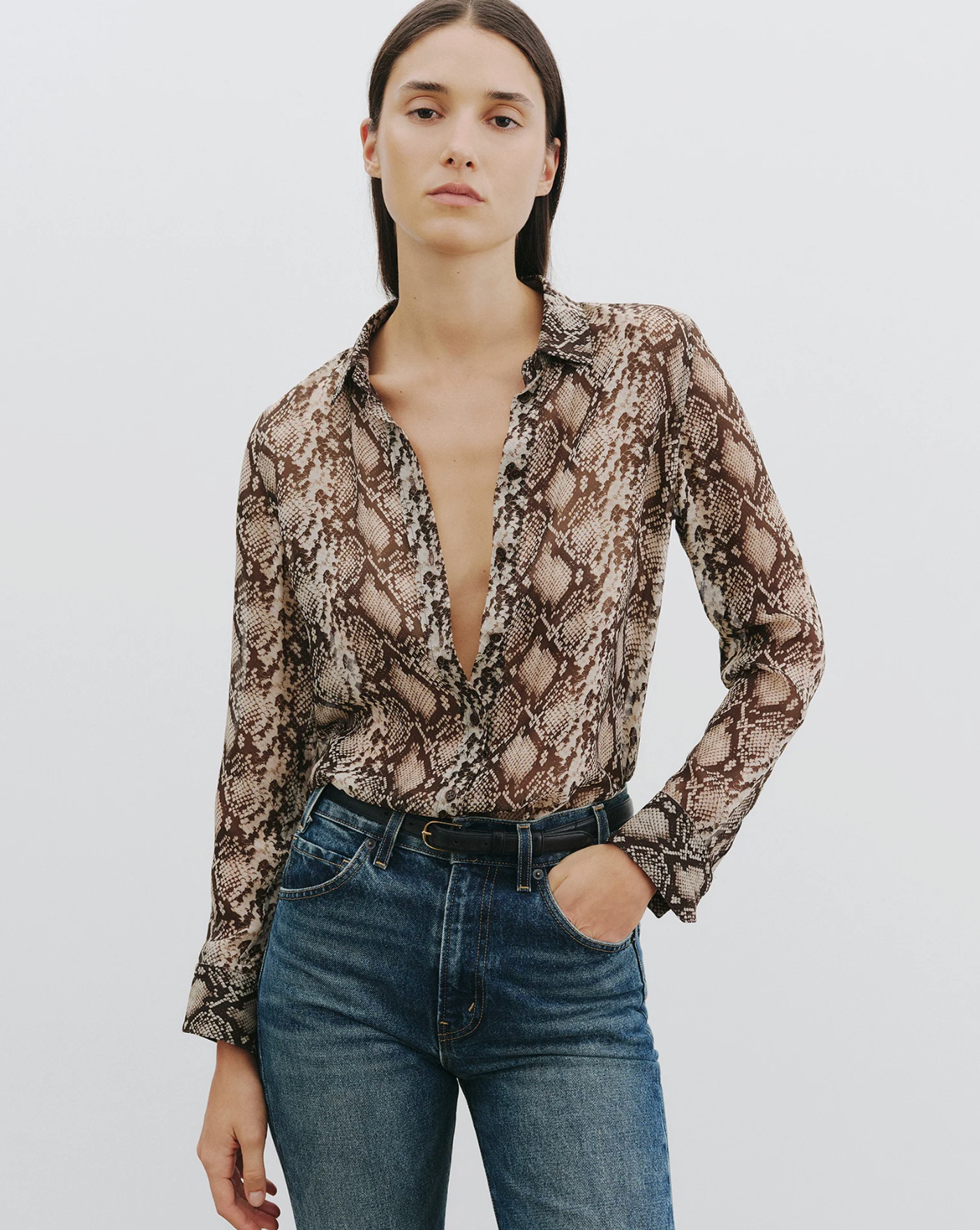 GAIA SLIM SHIRT IN STONE/BROWN SNAKE PRINT - Romi Boutique