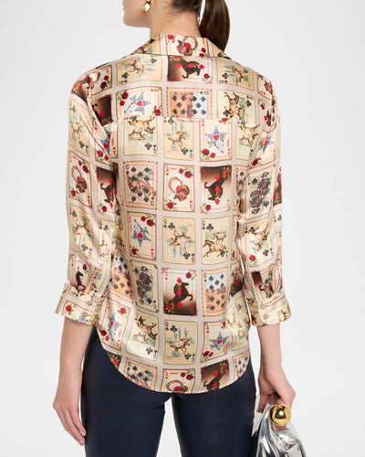 DANI 3/4 SLEEVE BLOUSE IN TAN MULTI WESTERN CARDS