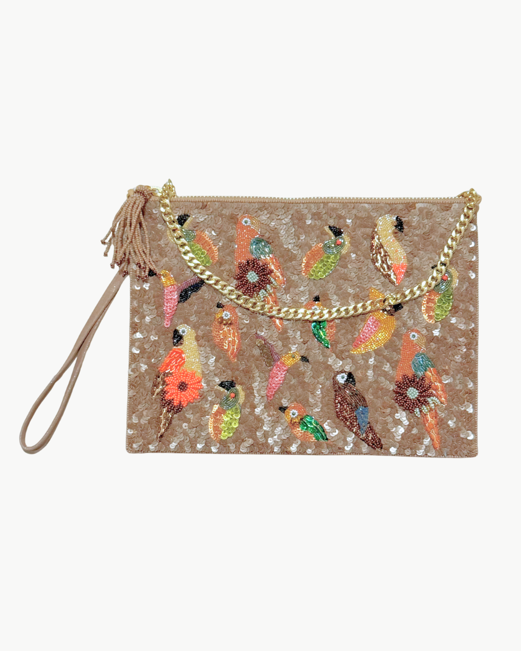 LARGE MULTI BIRDS POUCH WITH CHAIN IN BEIGE - Romi Boutique