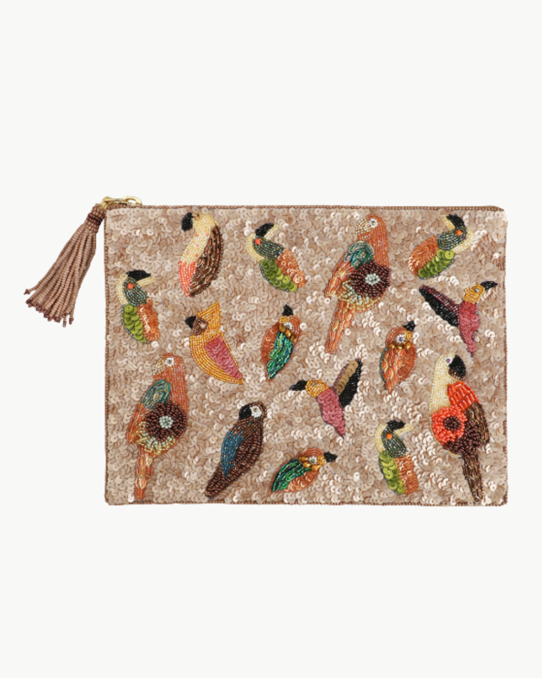 LARGE MULTI BIRDS POUCH WITH CHAIN IN BEIGE - Romi Boutique