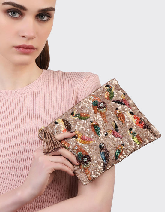 LARGE MULTI BIRDS POUCH WITH CHAIN IN BEIGE - Romi Boutique