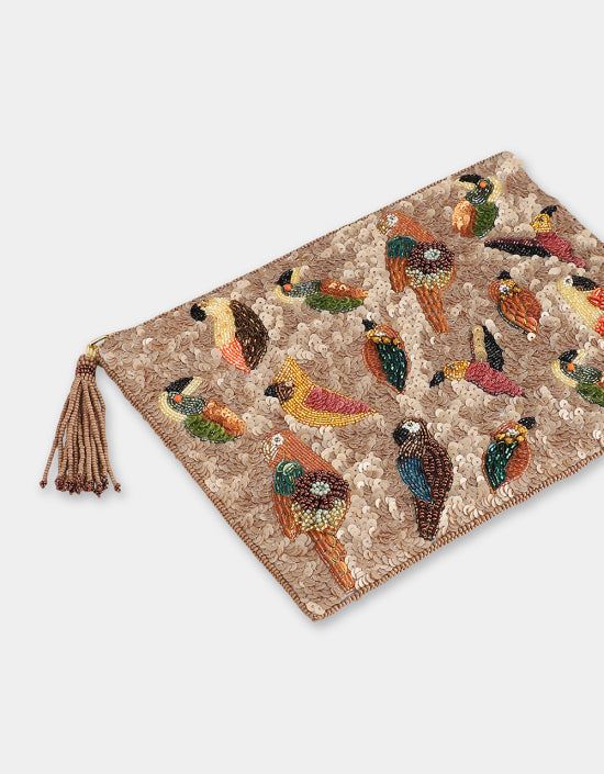 LARGE MULTI BIRDS POUCH WITH CHAIN IN BEIGE - Romi Boutique