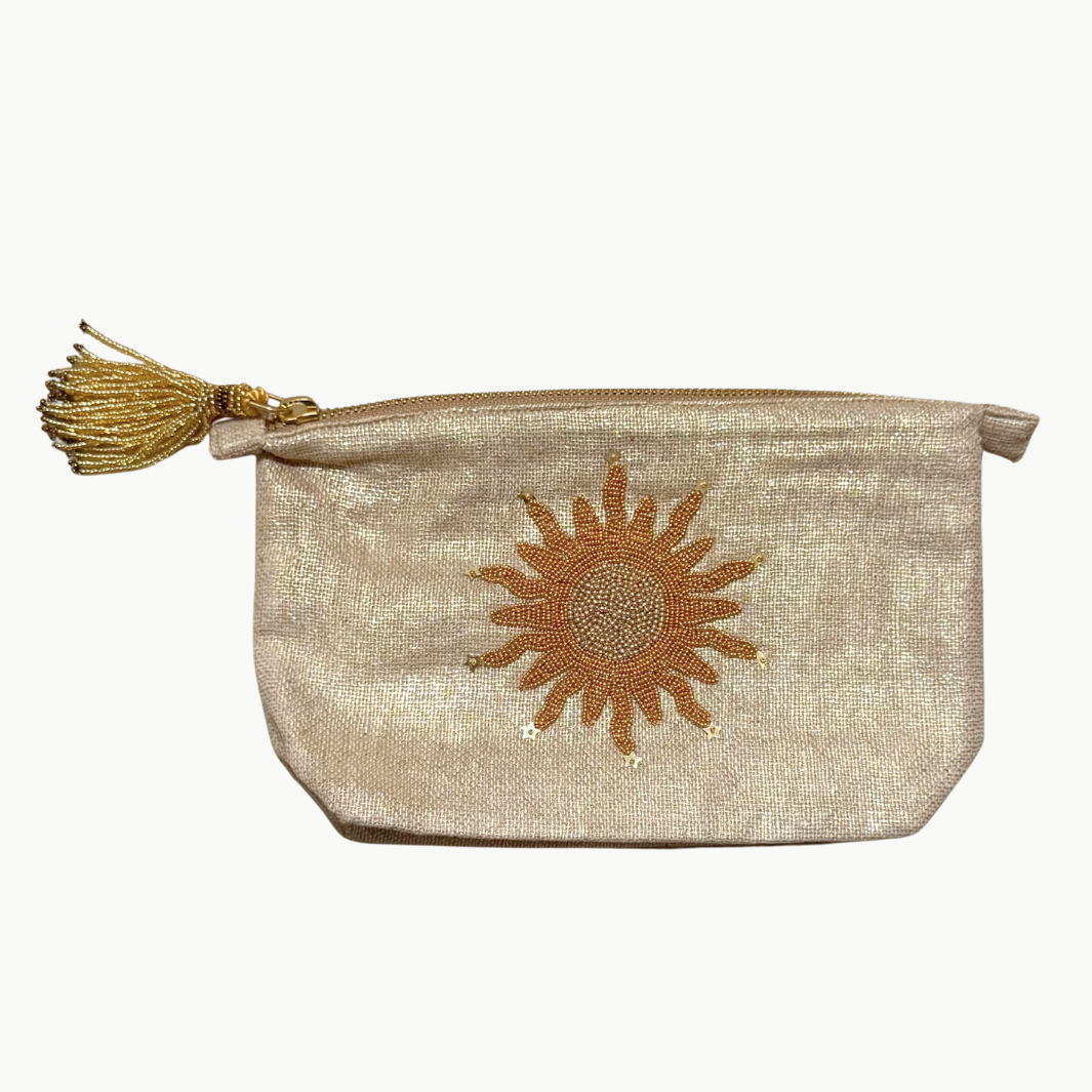 SMALL SUN MAKE UP BAG IN GOLD LINEN - Romi Boutique