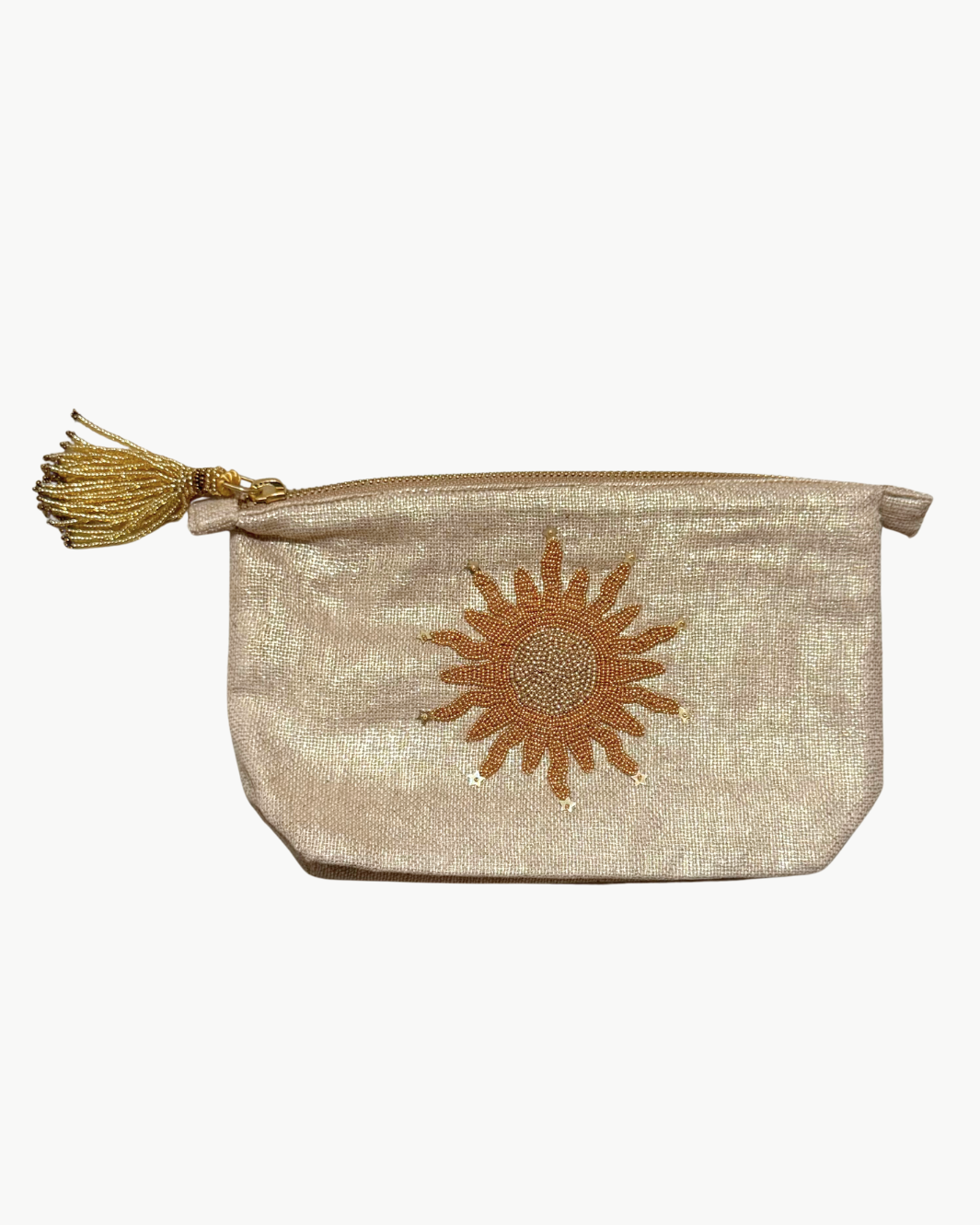 SMALL SUN MAKE UP BAG IN GOLD LINEN - Romi Boutique