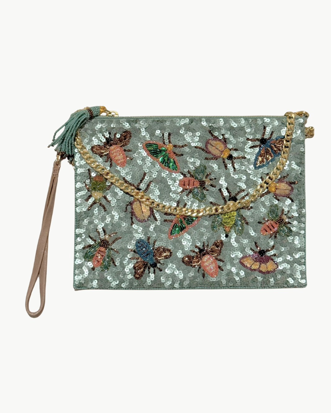 LARGE INSECT SEQUIN POUCH WITH CHAIN IN SAGE - Romi Boutique