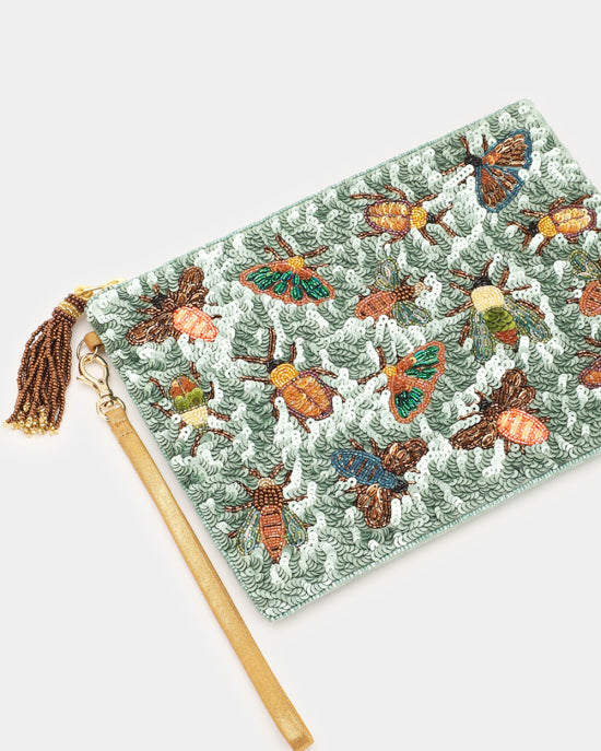 LARGE INSECT SEQUIN POUCH WITH CHAIN IN SAGE by Olivia Dar - Romi Boutique