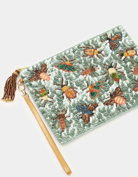 LARGE INSECT SEQUIN POUCH WITH CHAIN IN SAGE by Olivia Dar - Romi Boutique