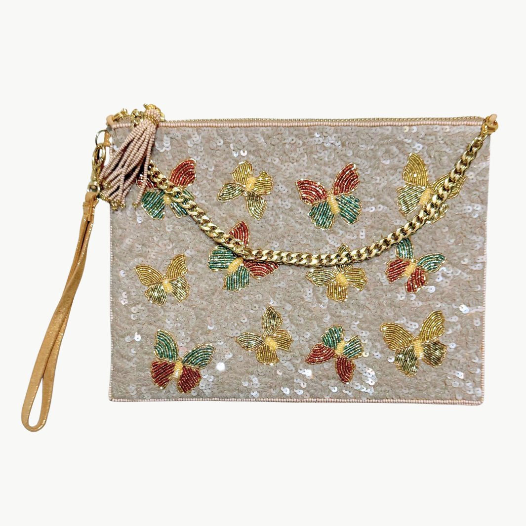 LARGE BUTTERFLY SEQUIN POUCH WITH CHAIN IN WINTER PASTEL - Romi Boutique