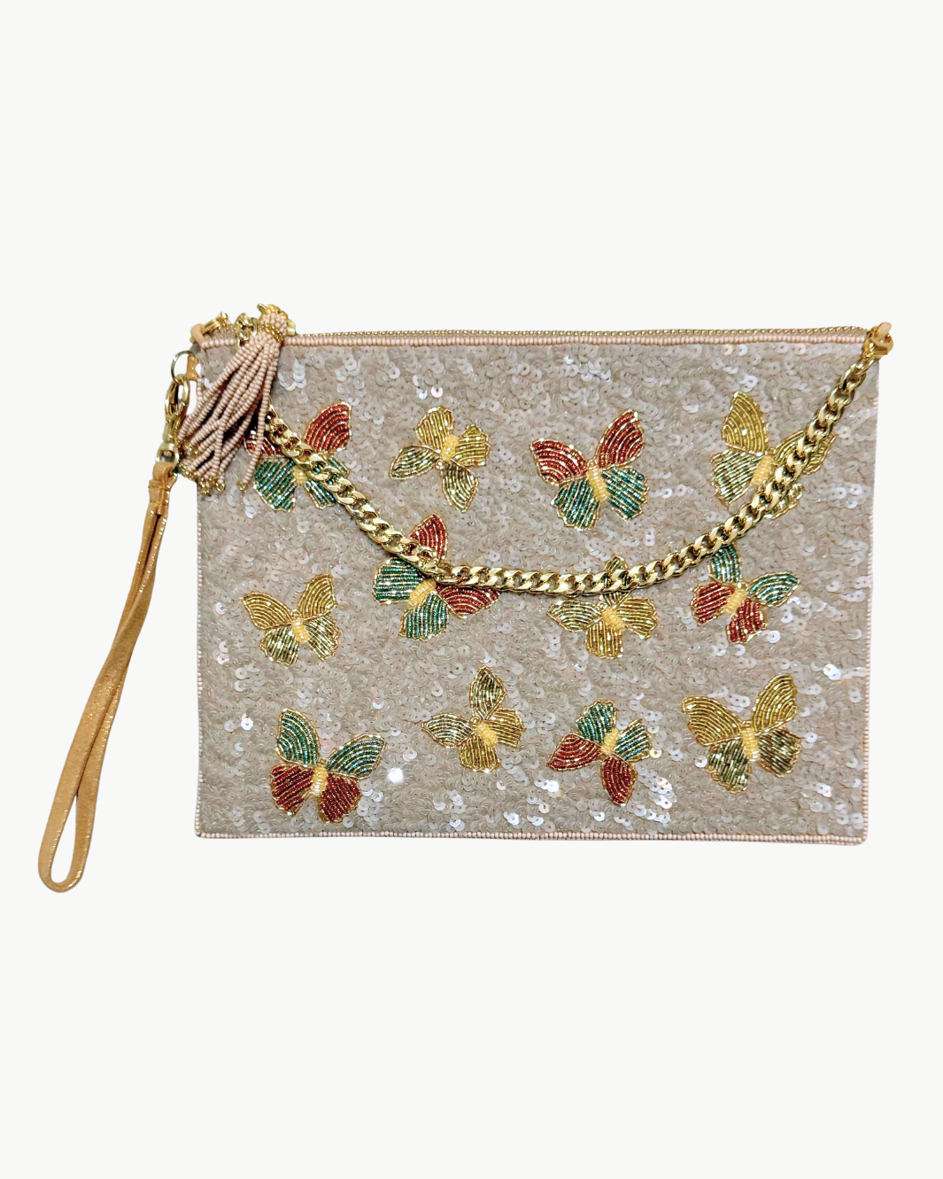 LARGE BUTTERFLY SEQUIN POUCH WITH CHAIN IN WINTER PASTEL - Romi Boutique