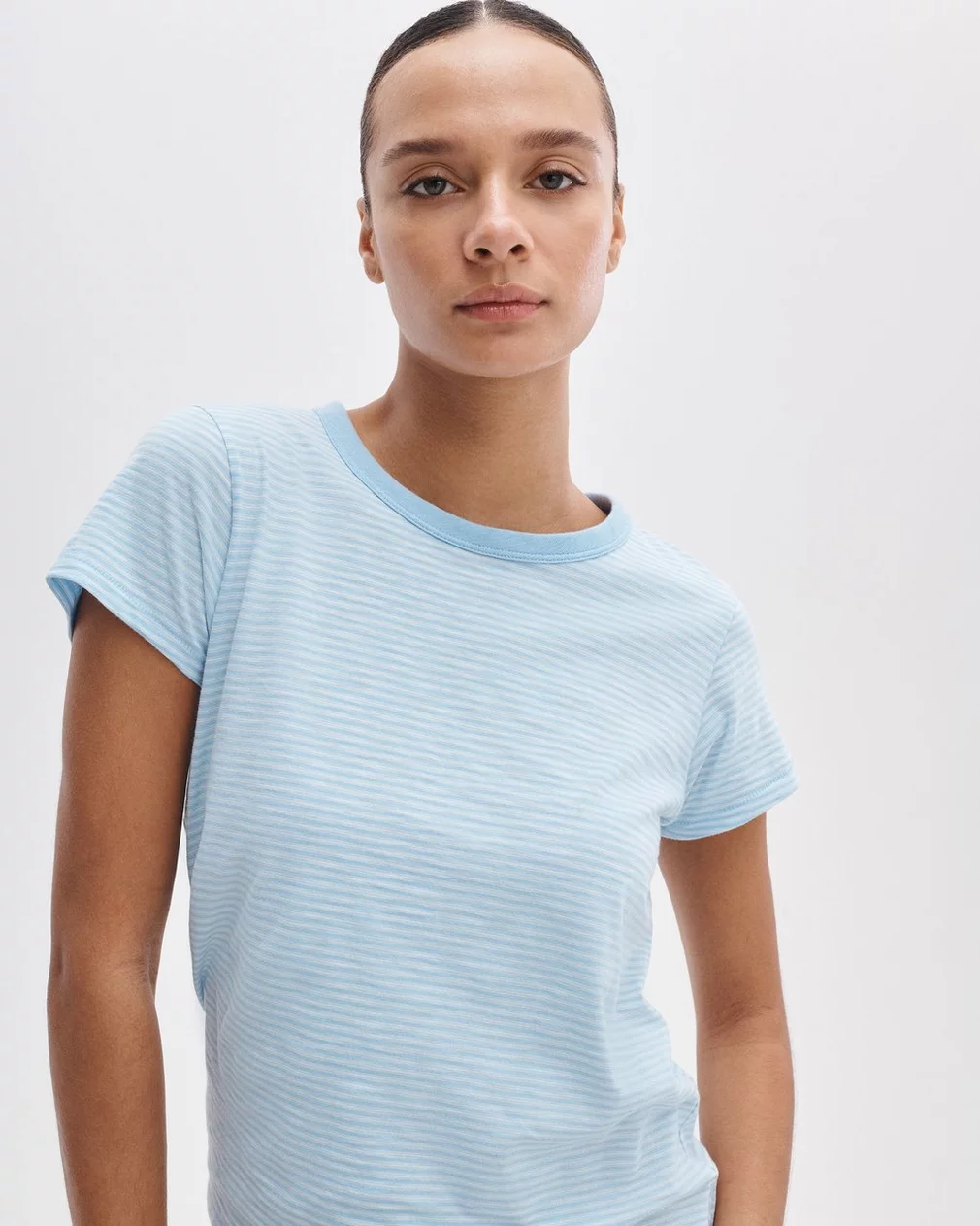 THE SLUB STRIPED TEE IN POWDER BLUE MULTI - Romi Boutique