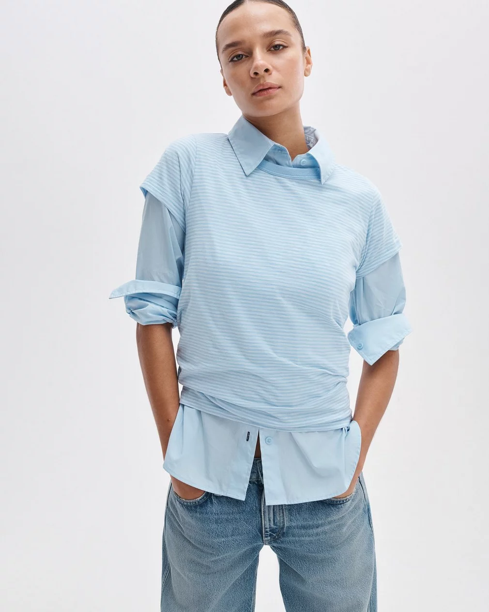 THE SLUB STRIPED TEE IN POWDER BLUE MULTI - Romi Boutique