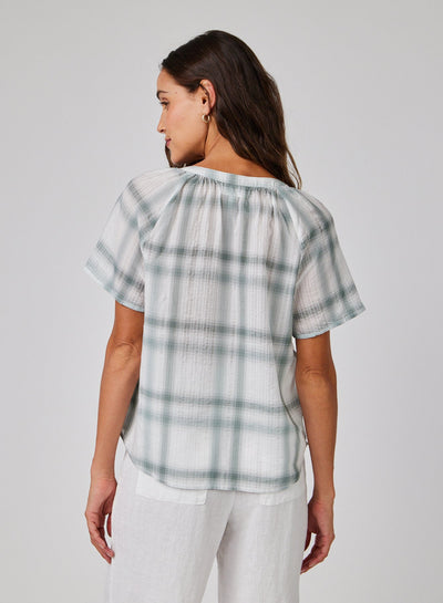 RAGLAN CAP SLEEVE PULLOVER IN SAGE SHADOW PLAID