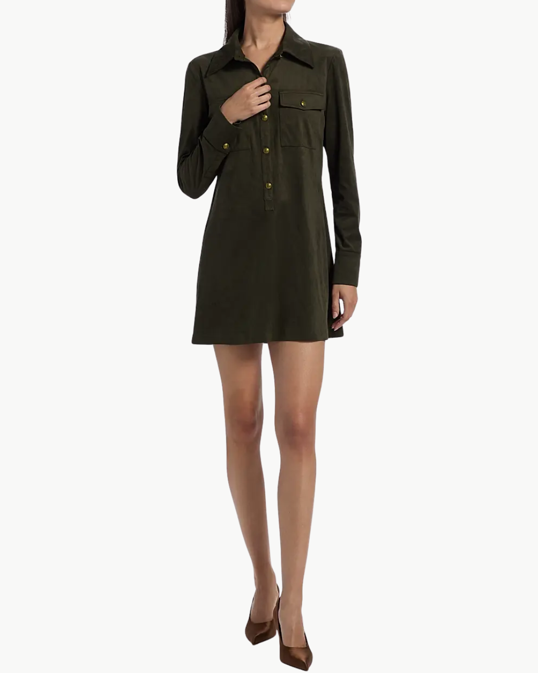 MARIA FAUX SUEDE MINI DRESS IN DEEP OLIVE - Romi Boutique