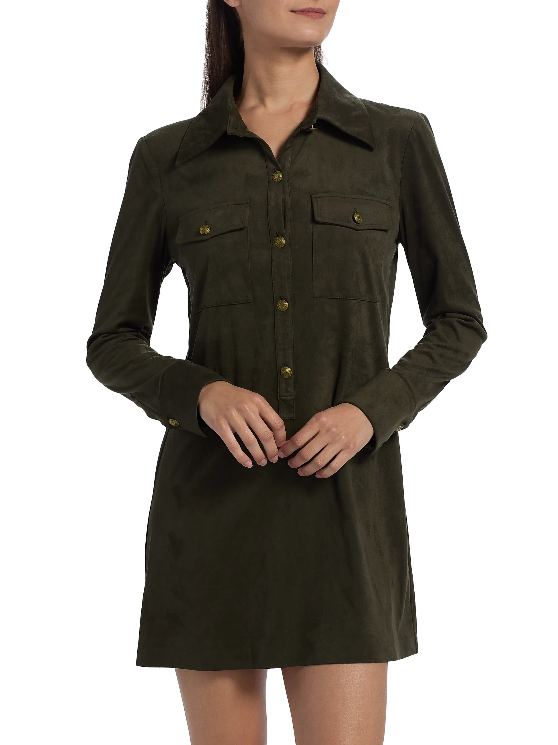 MARIA FAUX SUEDE MINI DRESS IN DEEP OLIVE - Romi Boutique