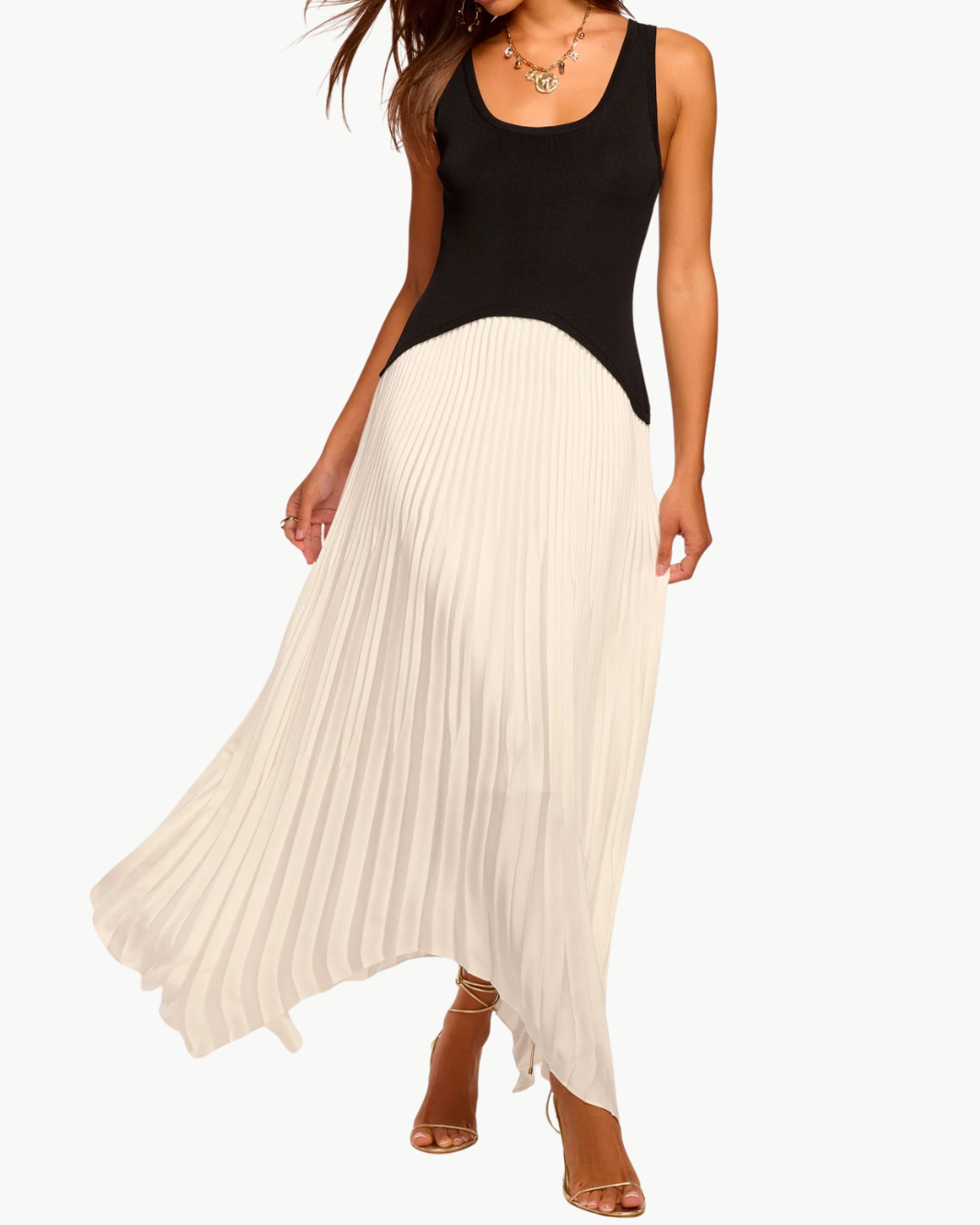 DAVINIA KNIT COMBO PLEATED MAXI DRESS IN IVORY by Ramy Brook - Romi Boutique