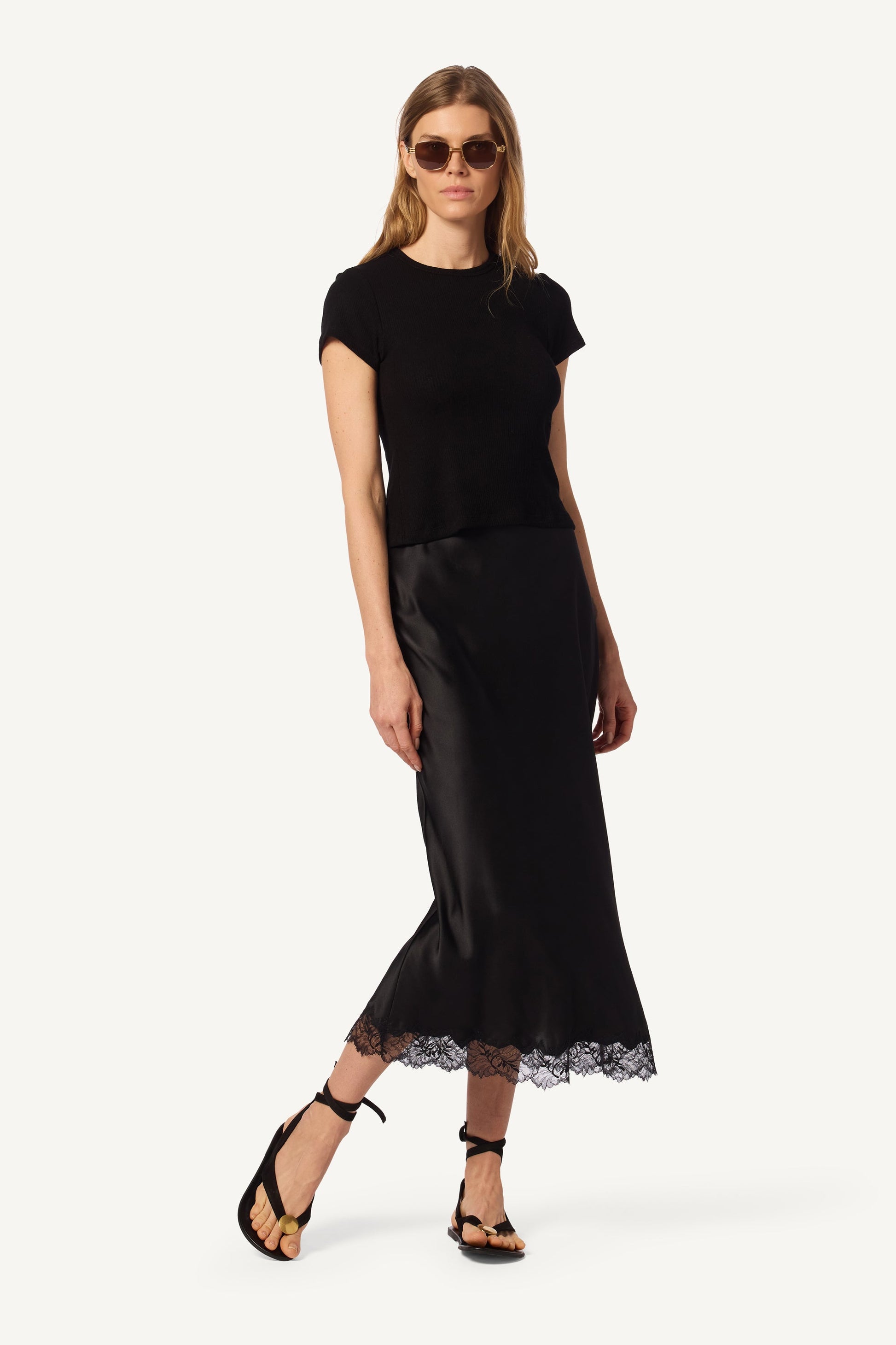 MIRANDA LACE TRIM SILK SKIRT IN BLACK by Sablyn - Romi Boutique