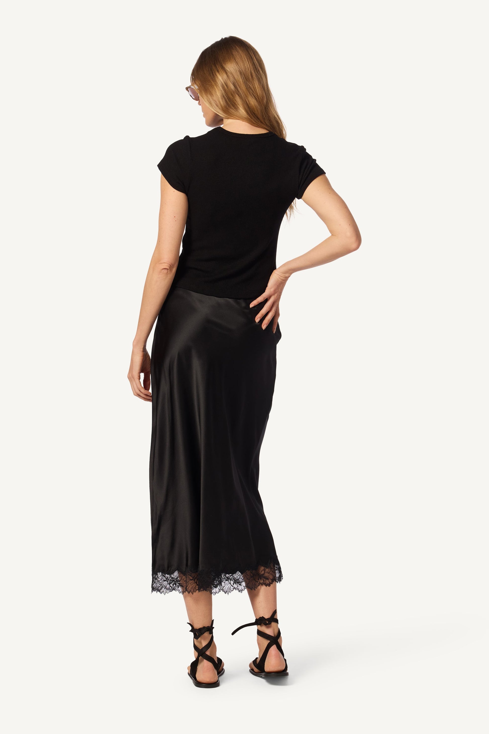 MIRANDA LACE TRIM SILK SKIRT IN BLACK by Sablyn - Romi Boutique