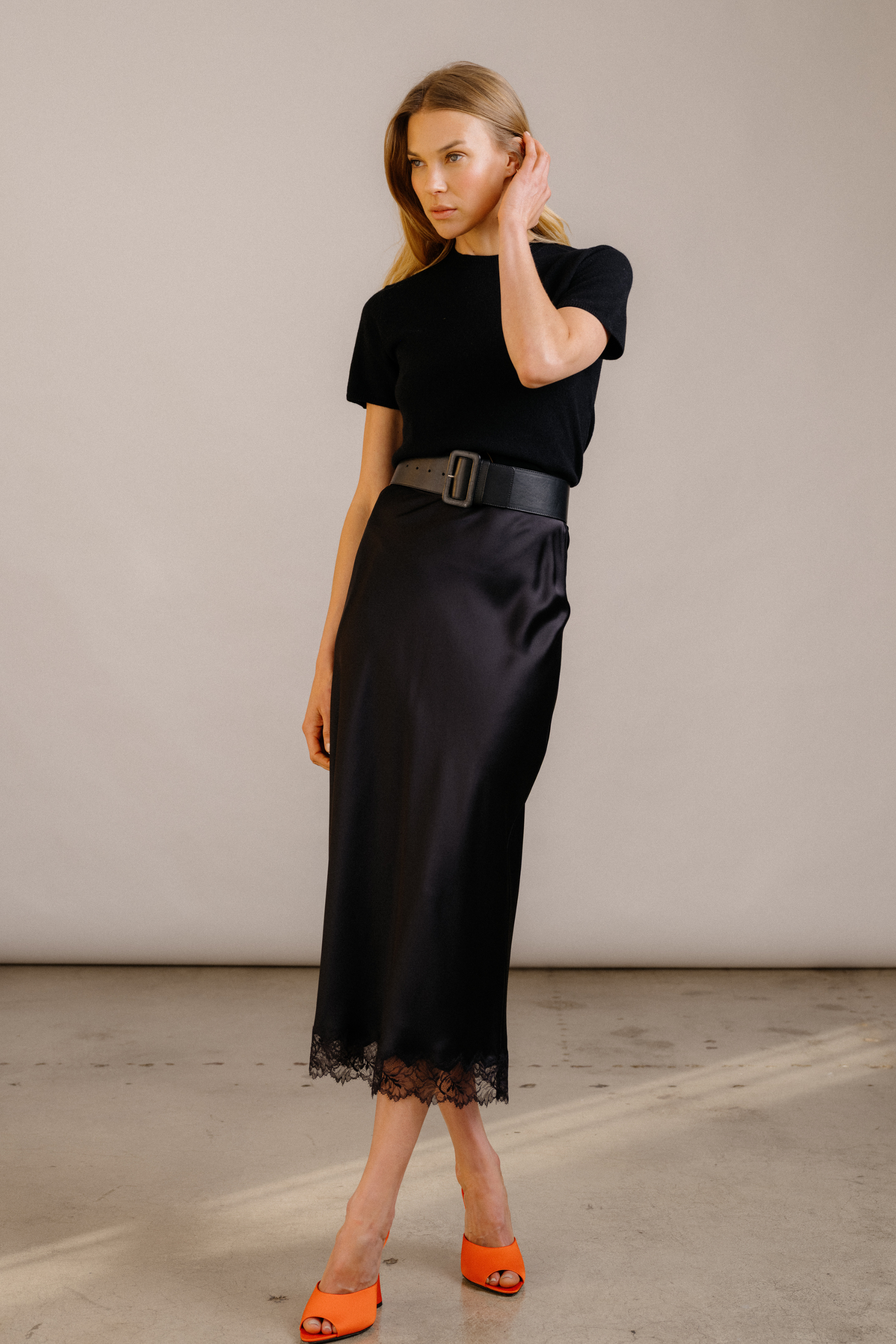 MIRANDA LACE TRIM SILK SKIRT IN BLACK by Sablyn - Romi Boutique