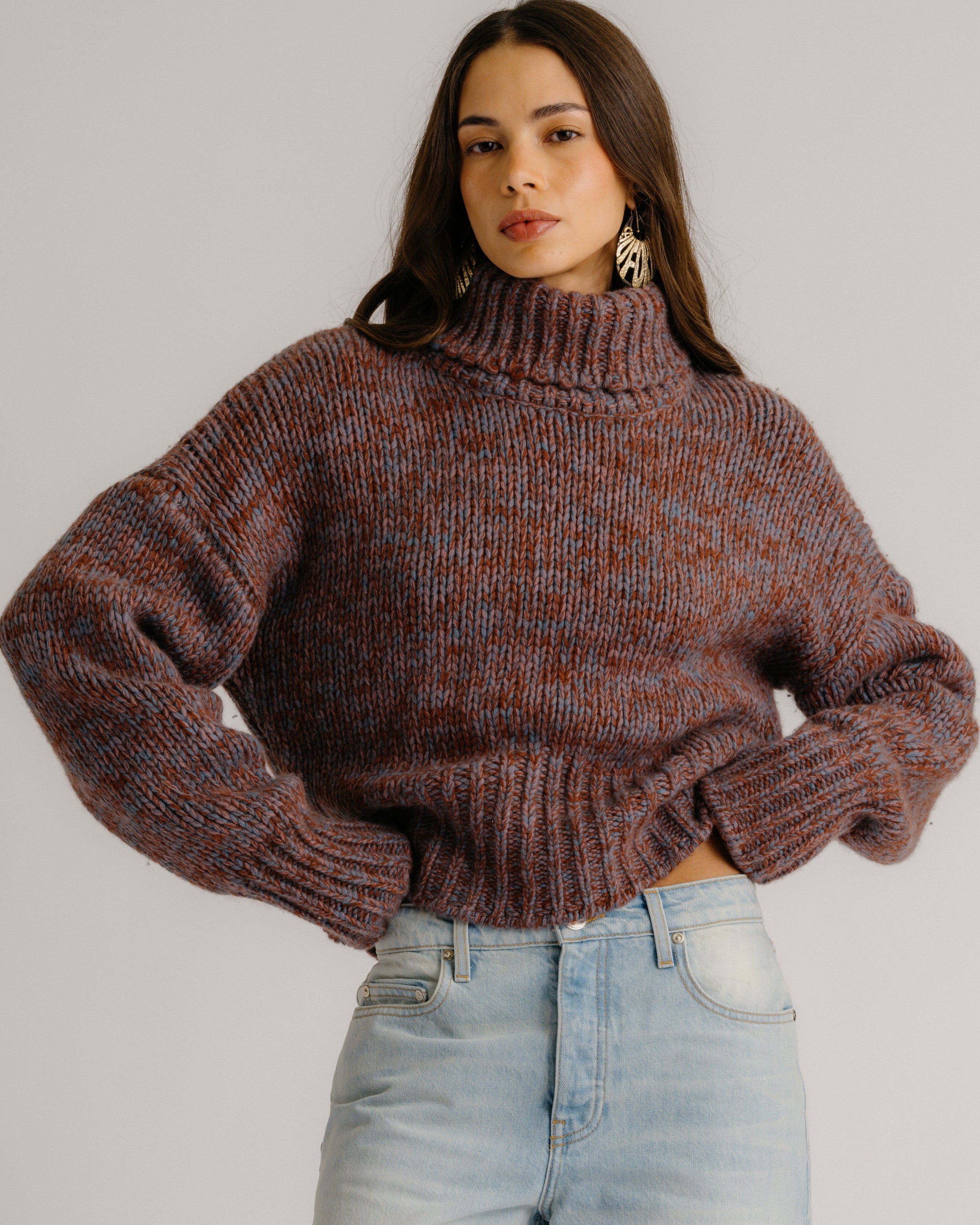 DARCEY CROPPED SLOUCHY TURTLENECK IN MAHOGANY MULTI by Sablyn - Romi Boutique