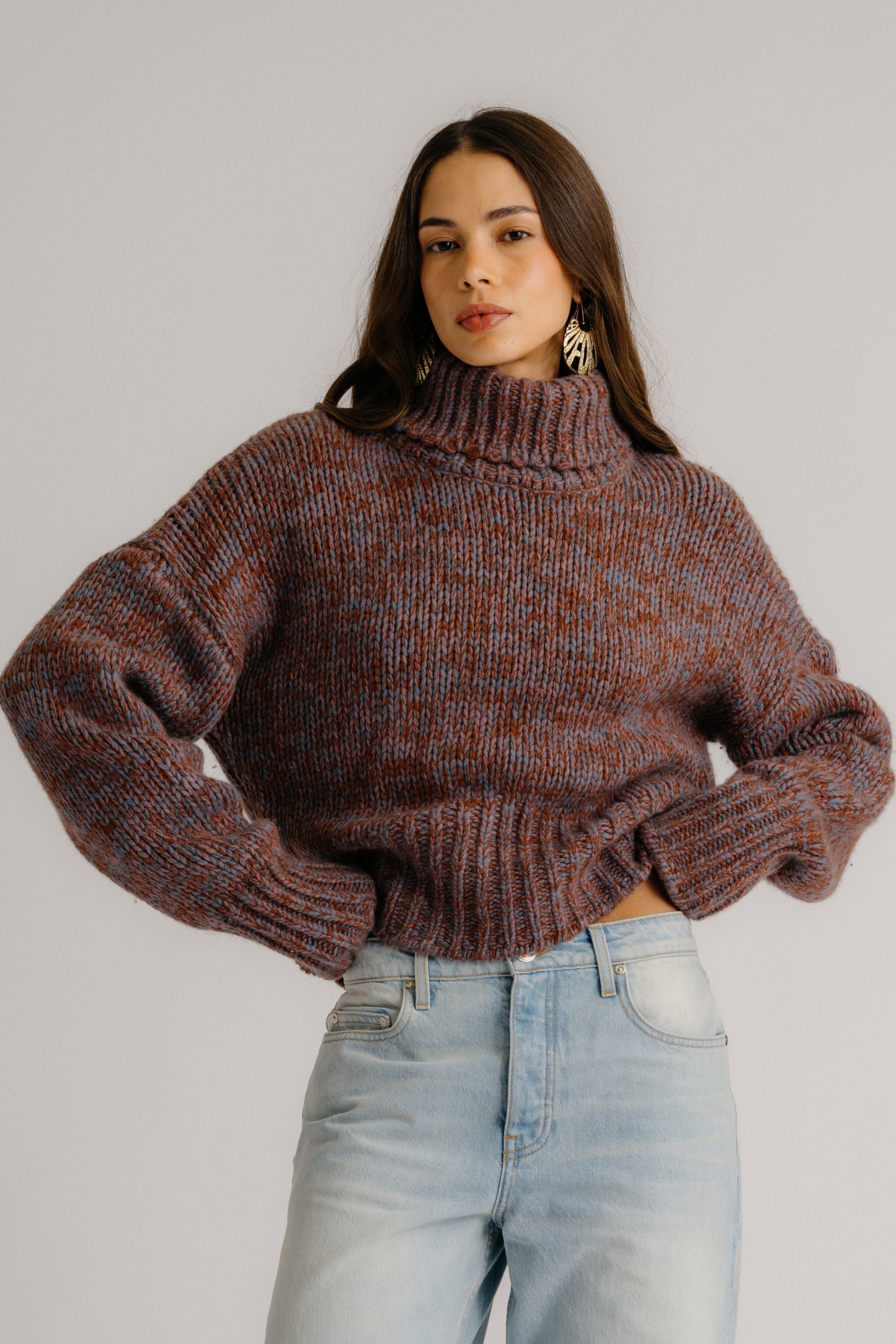 DARCEY CROPPED SLOUCHY TURTLENECK IN MAHOGANY MULTI by Sablyn - Romi Boutique