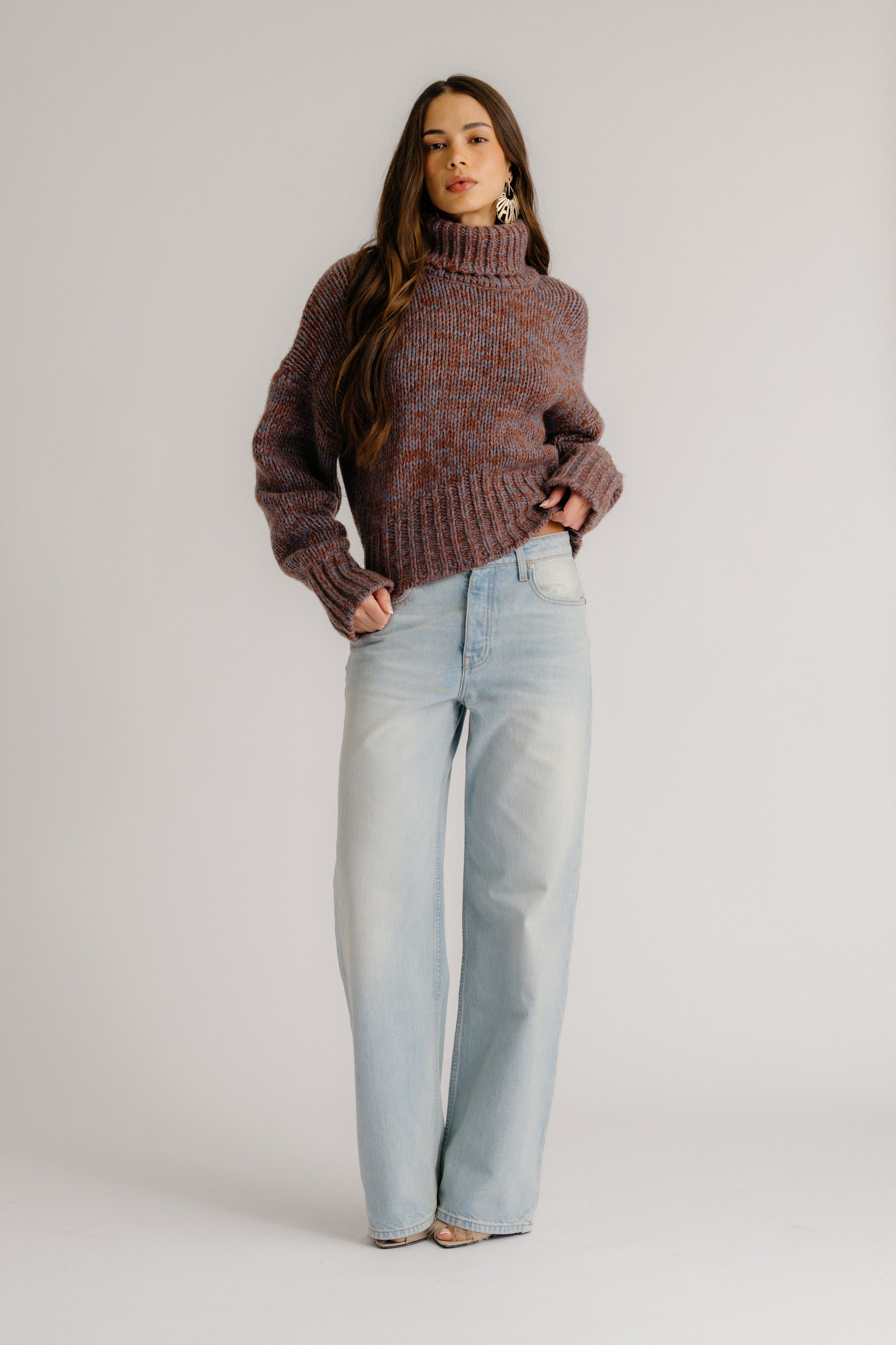 DARCEY CROPPED SLOUCHY TURTLENECK IN MAHOGANY MULTI by Sablyn - Romi Boutique
