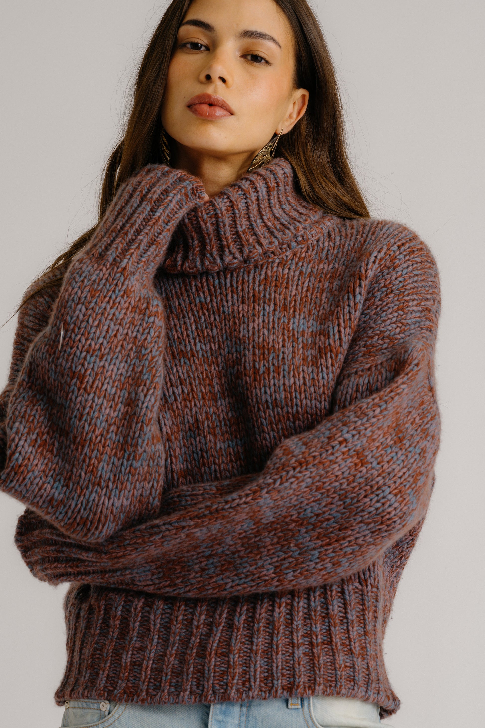 DARCEY CROPPED SLOUCHY TURTLENECK IN MAHOGANY MULTI by Sablyn - Romi Boutique