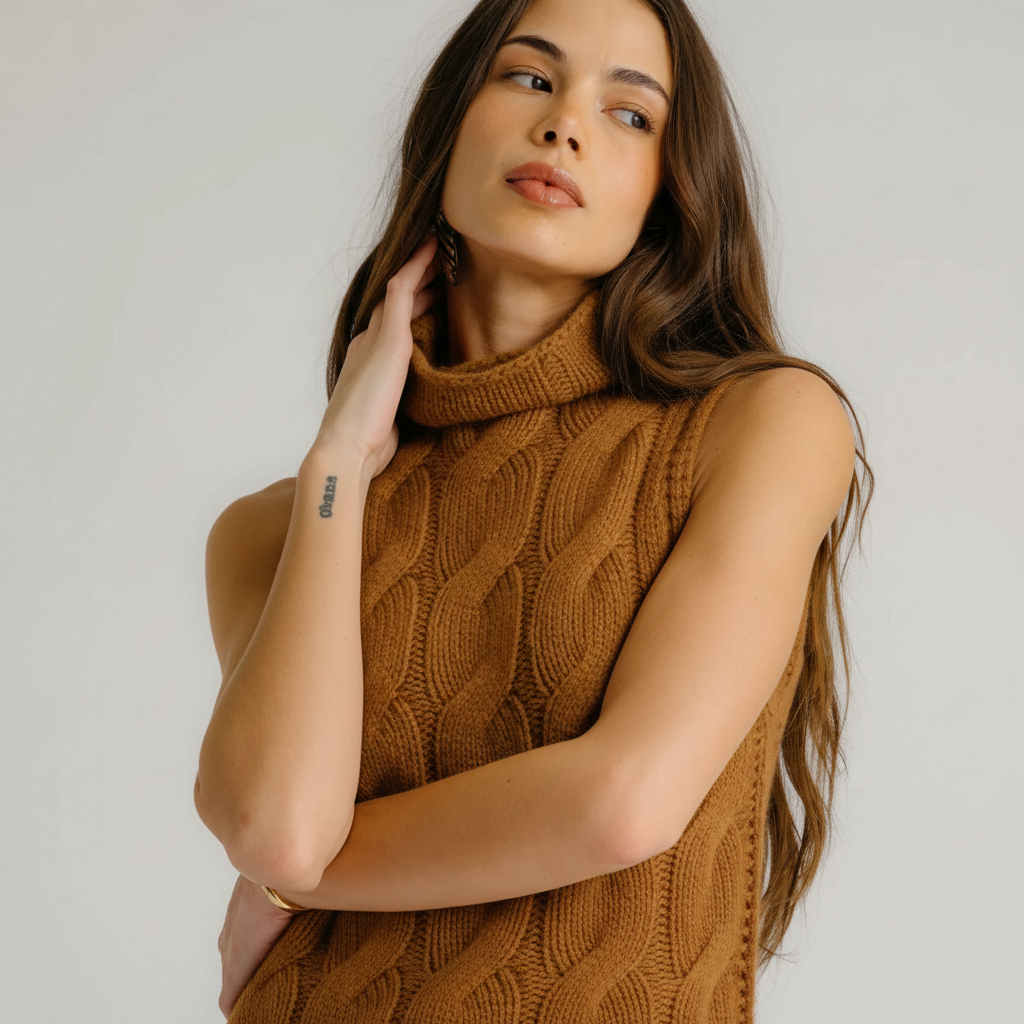 SALVIA SLEEVELESS CASHMERE CABLE TURTLENECK IN TOBACCO - Romi Boutique