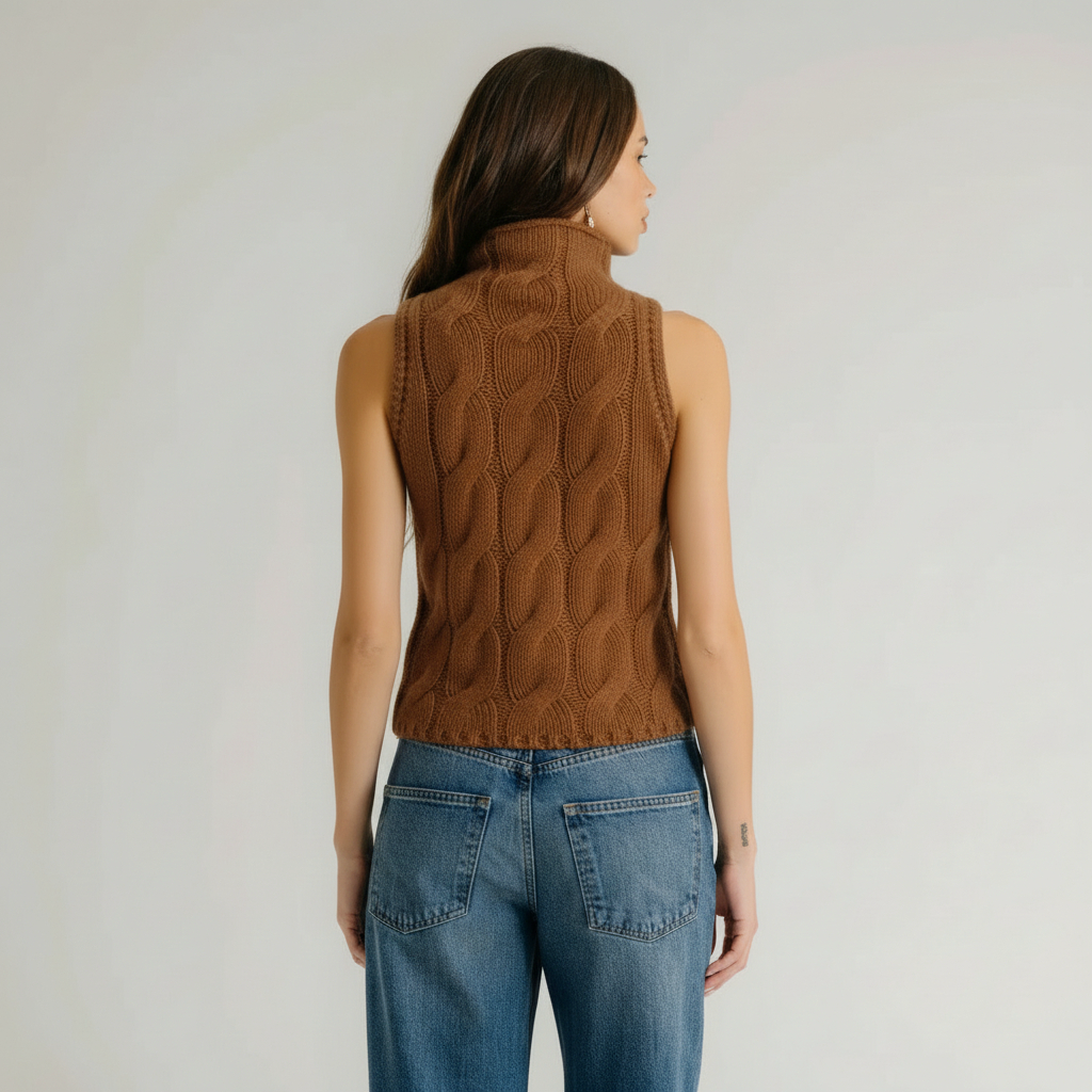 SALVIA SLEEVELESS CASHMERE CABLE TURTLENECK IN TOBACCO - Romi Boutique