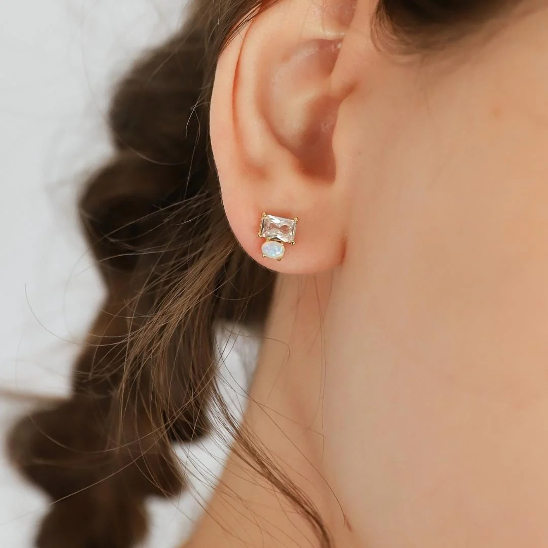 CZ AND OPAL SIMPLE STUD EARRING IN CLEAR by TAI - Romi Boutique