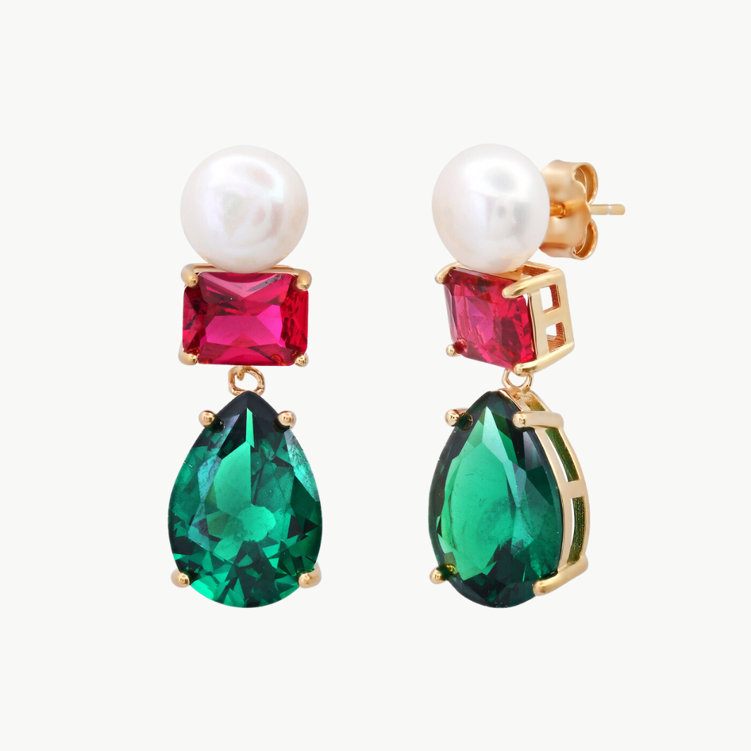 PEAR AND PEARL DROP EARRINGS IN EMERALD by TAI - Romi Boutique