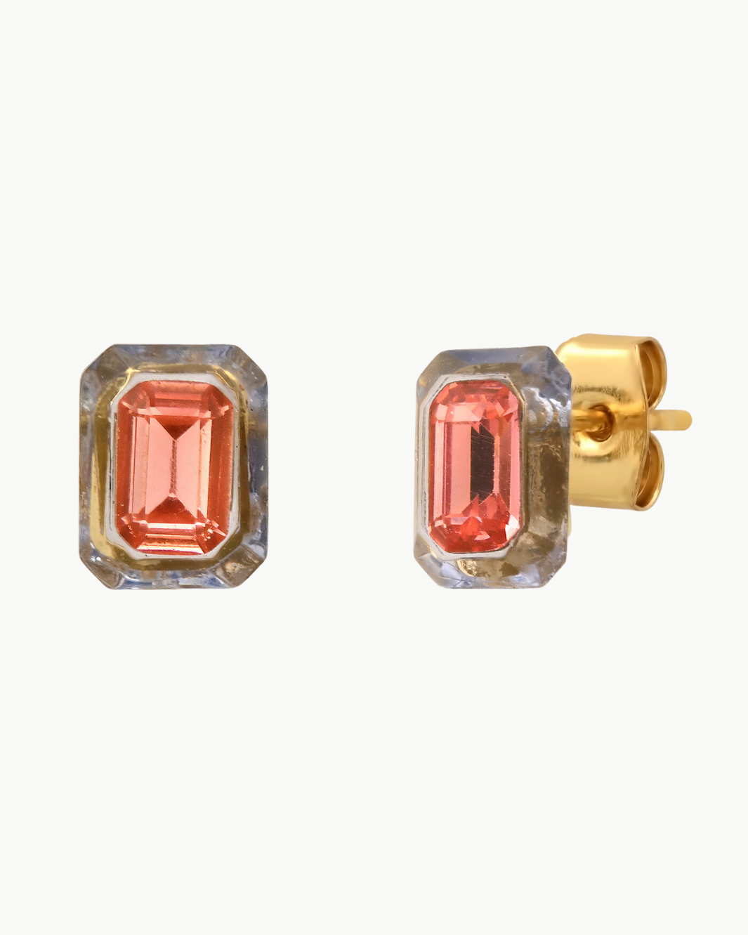 EMERALD CUT GLASS STUD WITH RESIN BEZEL IN GOLD by TAI - Romi Boutique