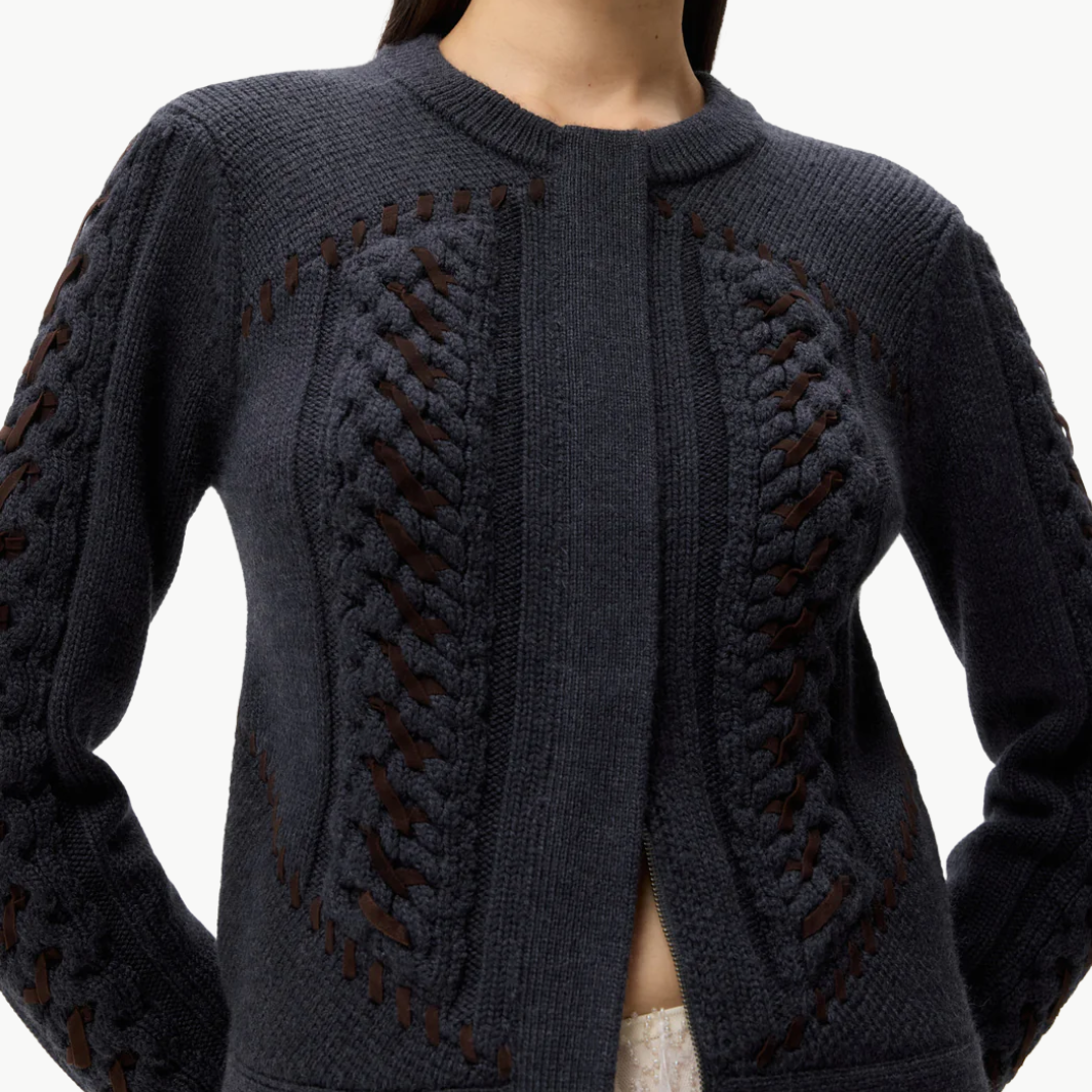 SUEDE CABLE SWEATER JACKET IN CHARCOAL - Romi Boutique
