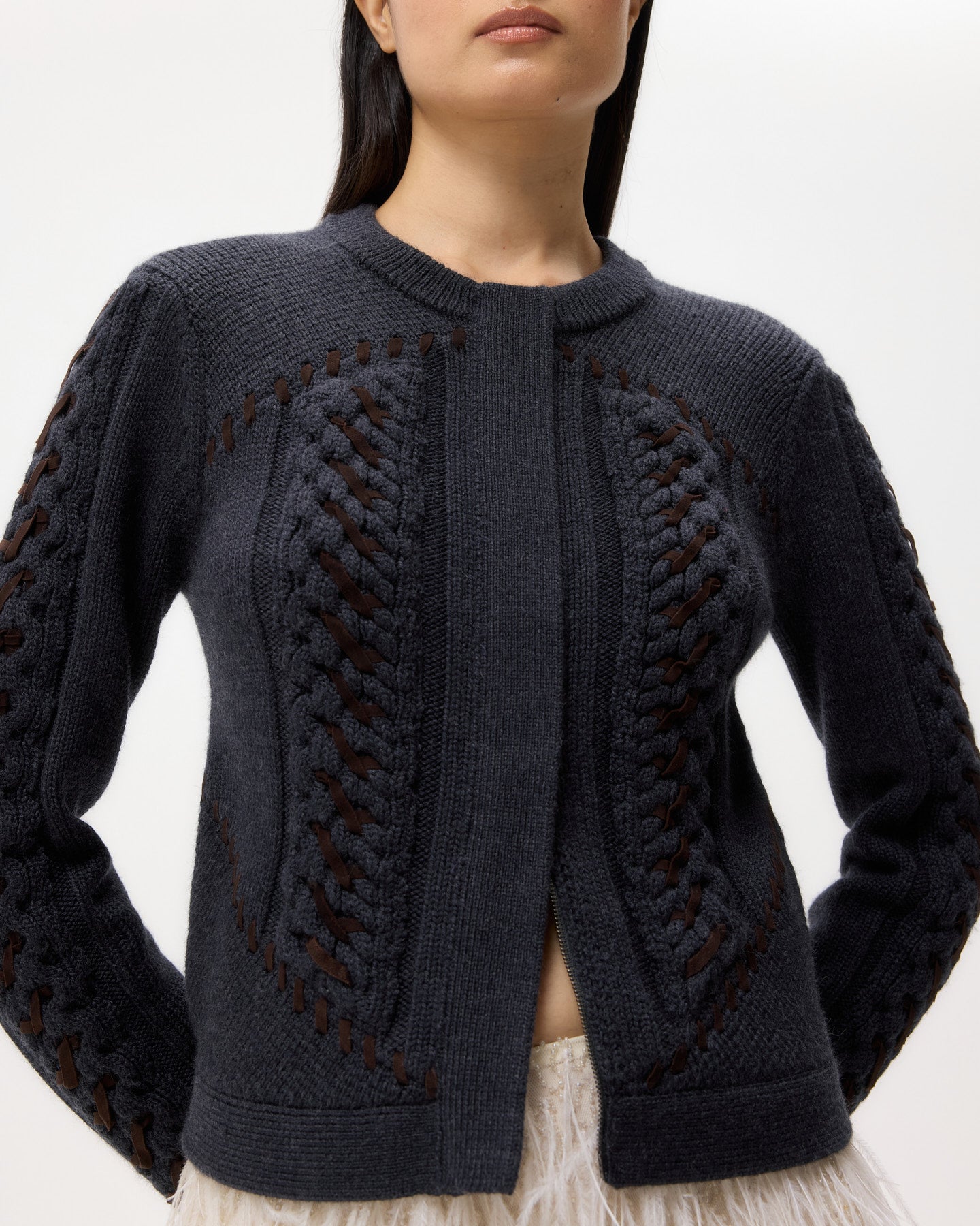 SUEDE CABLE SWEATER JACKET IN CHARCOAL - Romi Boutique