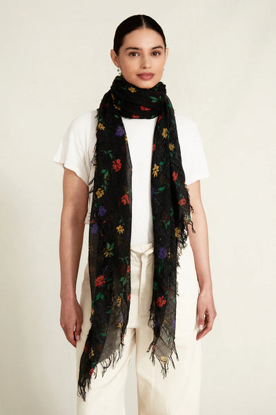 VALENTINA FLORAL CASHMERE AND SILK SCARF IN BLACK - Romi Boutique