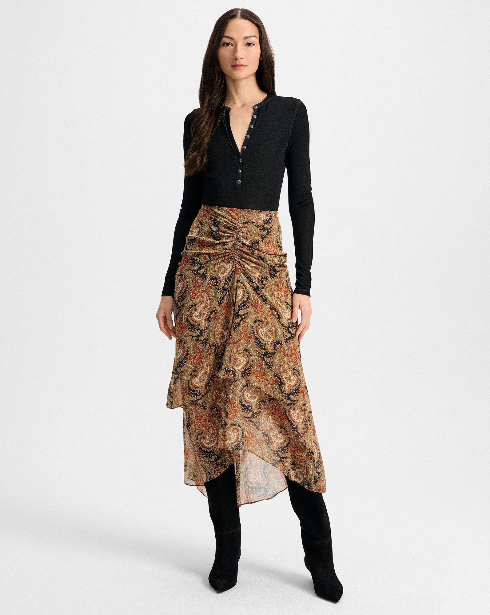 SIRA SILK MIDI SKIRT IN NAVY MULTI - Romi Boutique