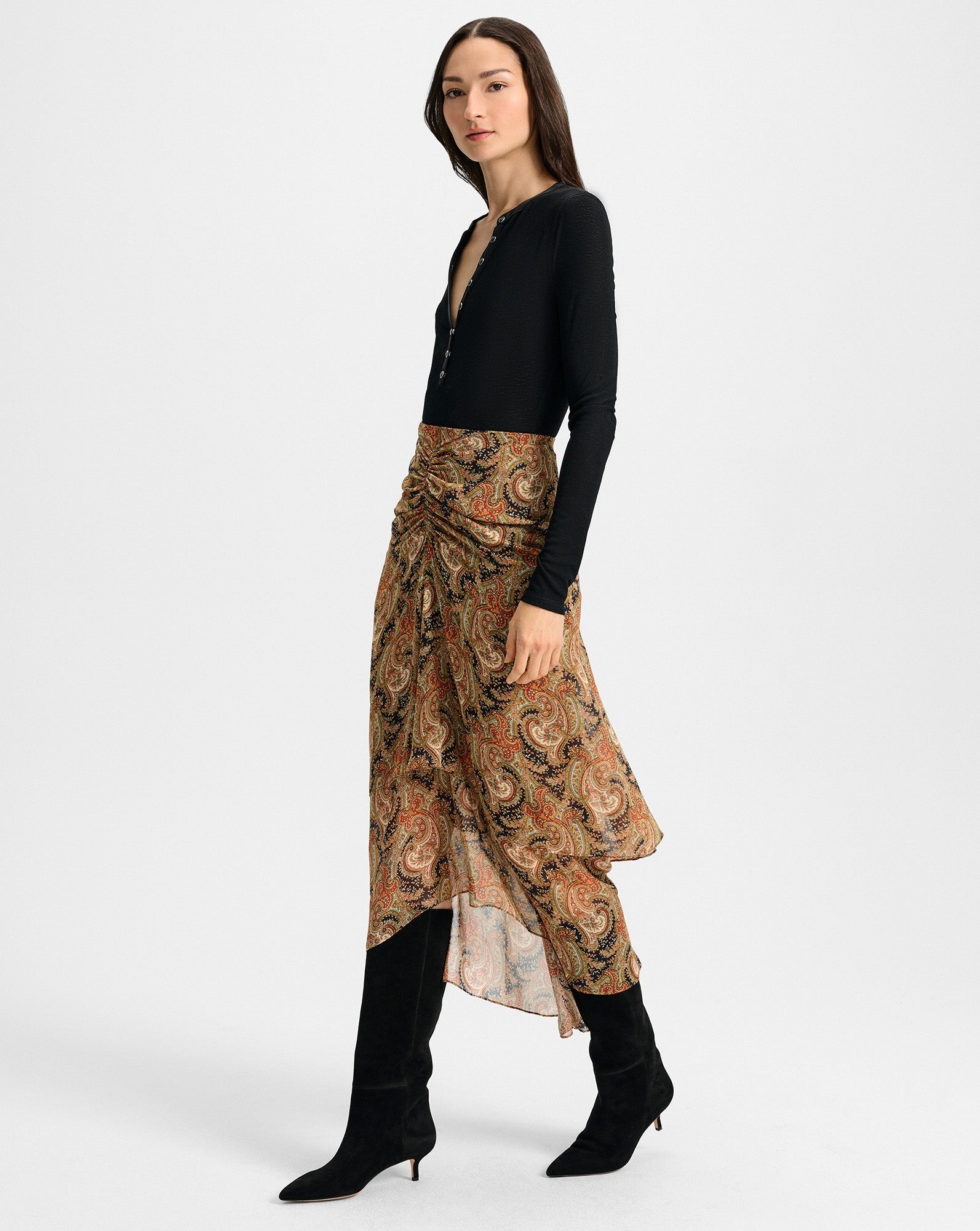 SIRA SILK MIDI SKIRT IN NAVY MULTI - Romi Boutique