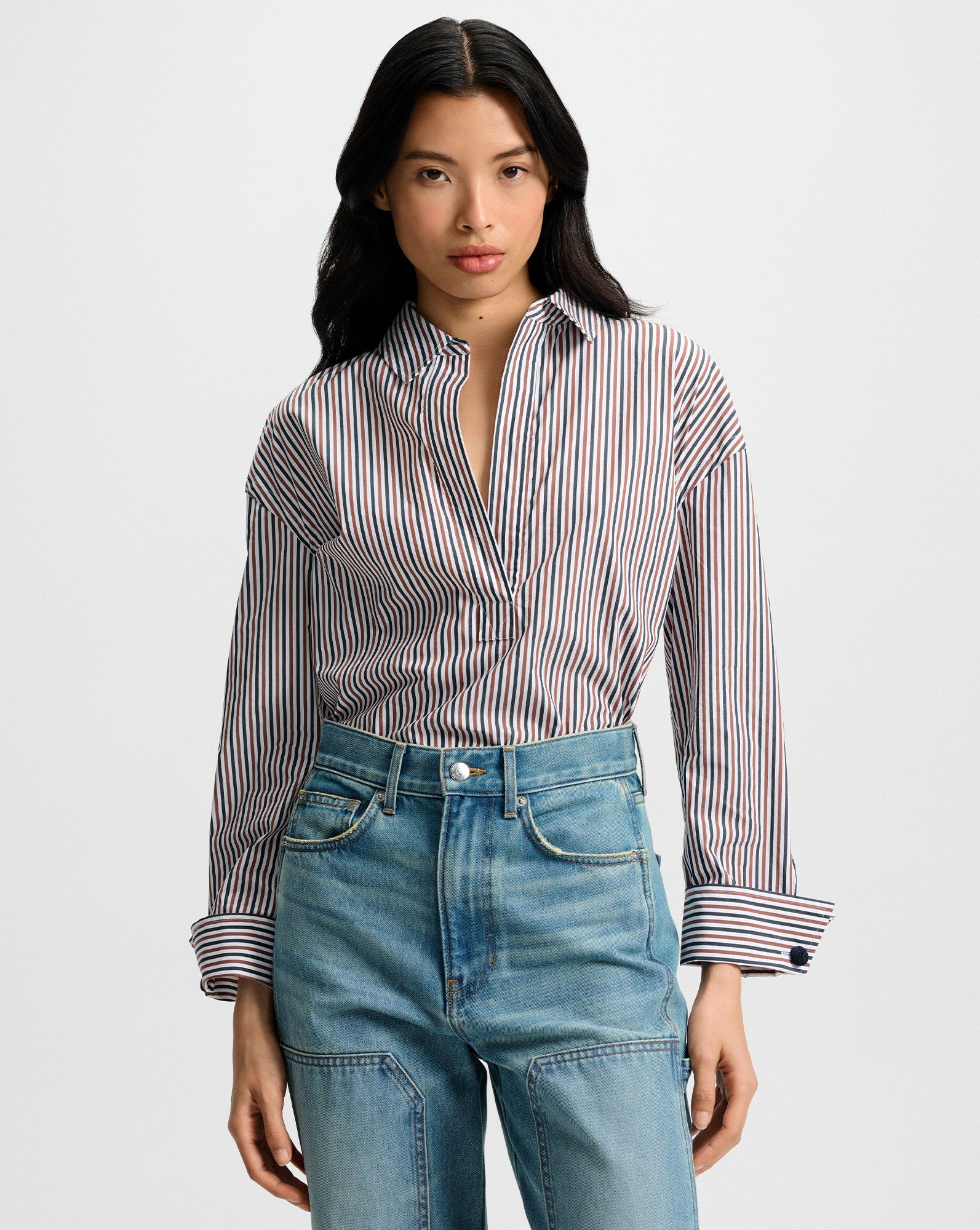 DRAYMOND STRIPED CUFF SLEEVE SHIRT IN NAVY/BRANDY MULTI - Romi Boutique