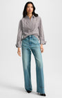 DRAYMOND STRIPED CUFF SLEEVE SHIRT IN NAVY/BRANDY MULTI - Romi Boutique
