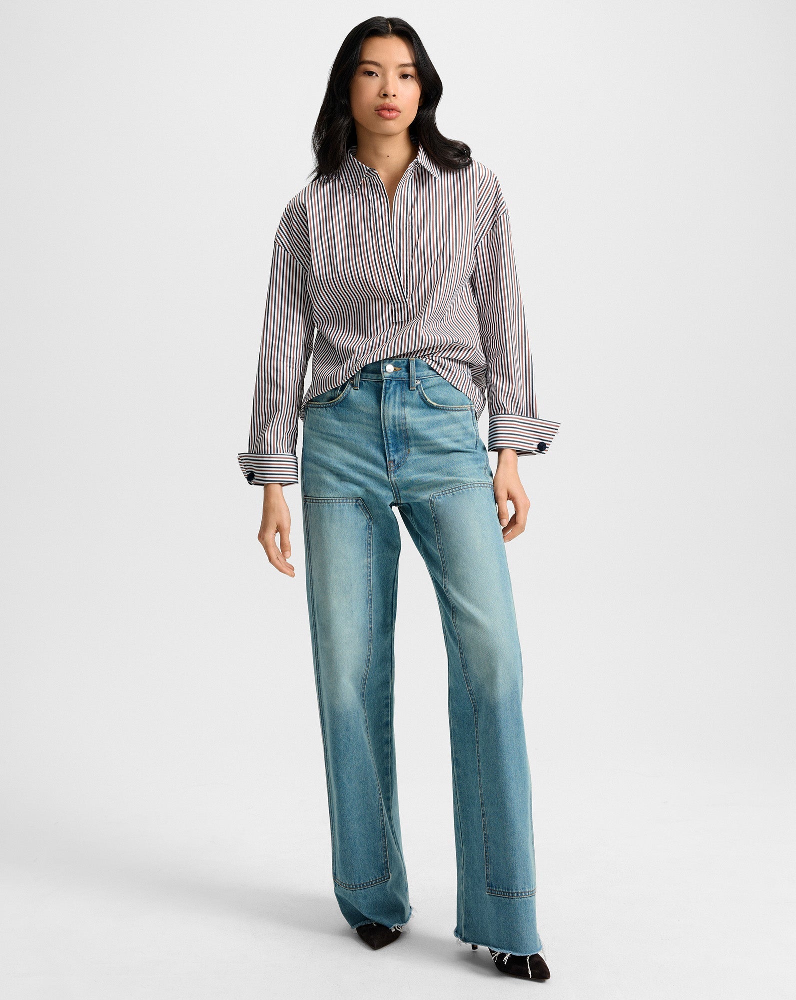 DRAYMOND STRIPED CUFF SLEEVE SHIRT IN NAVY/BRANDY MULTI - Romi Boutique